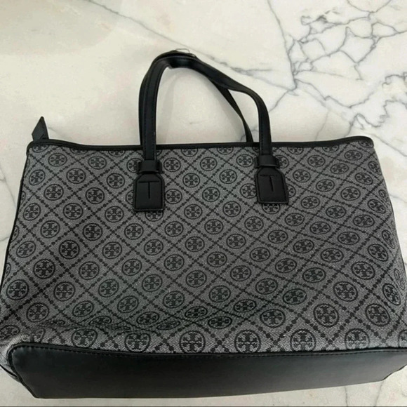 Tory Burch T Monogram Small Coated Canvas Tote In Black/gold - Picture 6 of 7